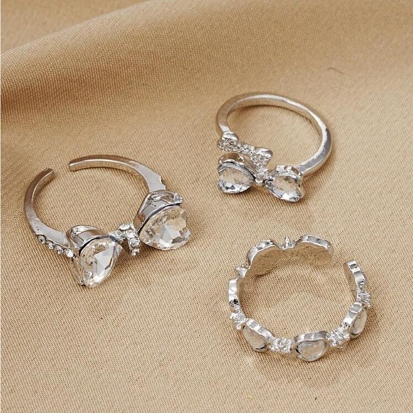 Set of 3 Simple Heart and bow Shaped Rhinestone Ring Set - Picture 5 of 6